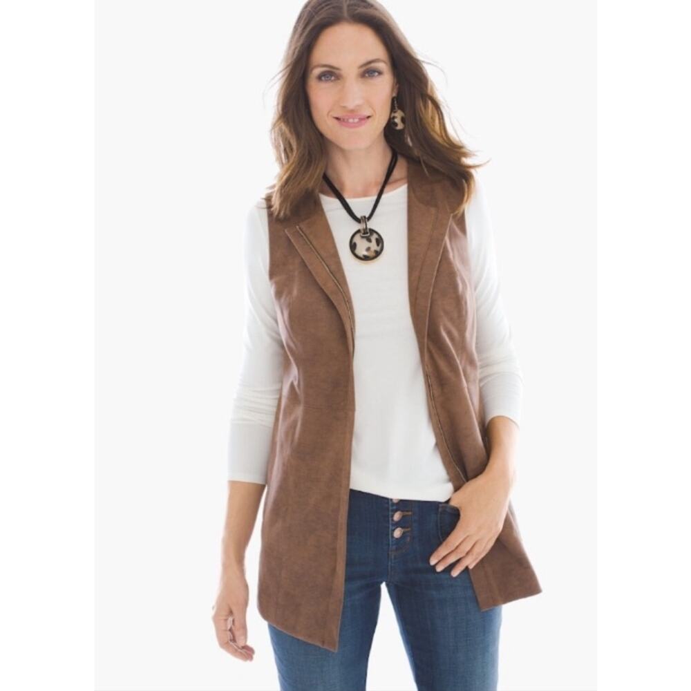 CHICO'S Vest Size Small Faux Suede Brown Zipper Pockets Fall Winter Casual Boho